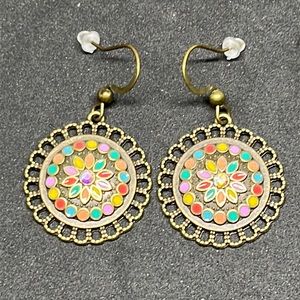 Boho Mandala Earrings Bronze Dangle Colorful‎ Flower Charm Hippie Chic Jewelry